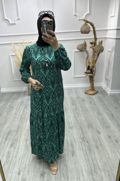 Anadolu Desen Viskon Elbise Yeşil