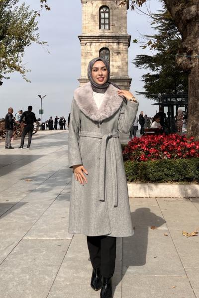 Bade Kürklü Kaban Gri