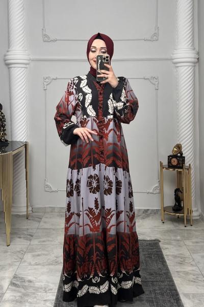 Bahar Biskon Elbise  Gri Bordo