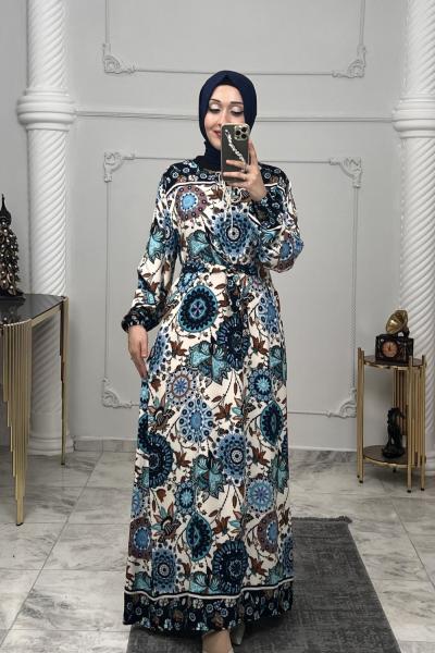 Battal Çiçek Viskon Elbise  Turkuaz