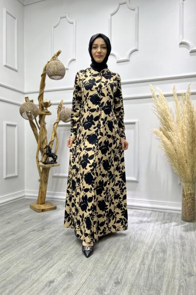 Boydan Düğmeli Hürrem Elbise Vizon Siyah