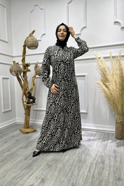 Boydan Düğmeli Hürrem Elbise Siyah Ekru