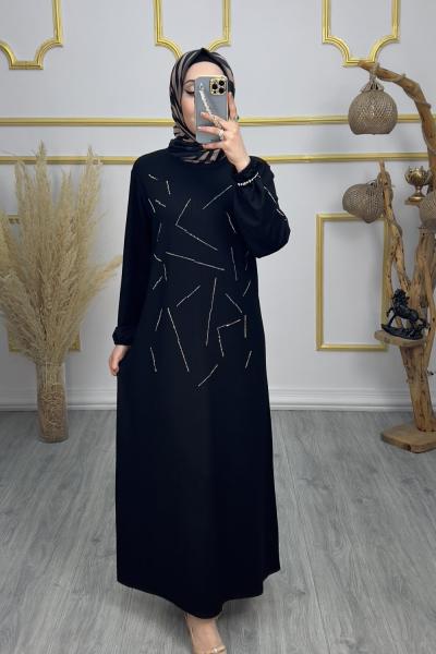 Cam Kırığı Taşlı Elbise Siyah