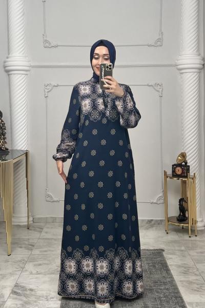 Çiçek Cepli Viskon Elbise  Lacivert