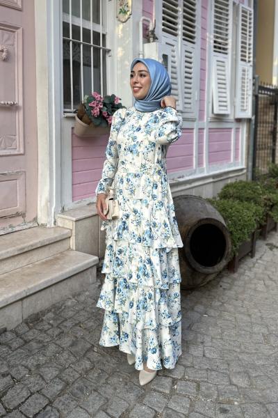 Çiçek Saten Elbise  Mavi