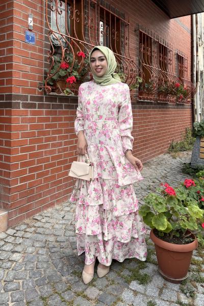 Çiçek Saten Elbise  Pembe