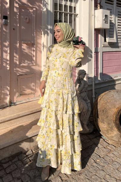 Çiçek Saten Elbise  Sarı