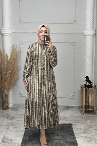 Çizgi Süet Elbise  Kahverengi