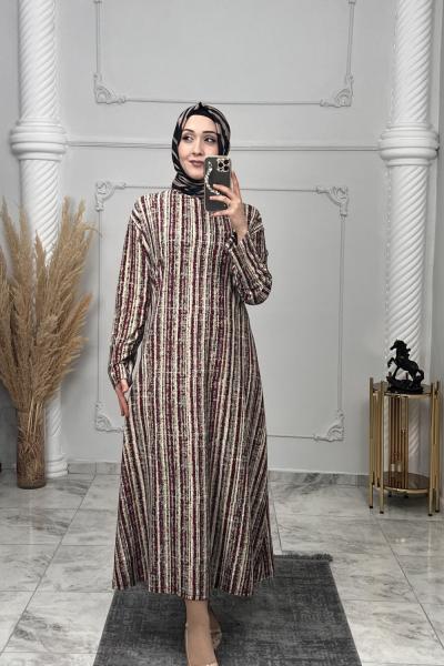 Çizgi Süet Elbise  Bordo