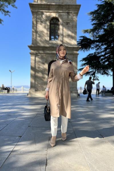 Çizgili Trenç Kap Vizon