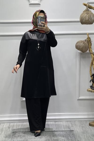 Deri Garni Tunik Siyah