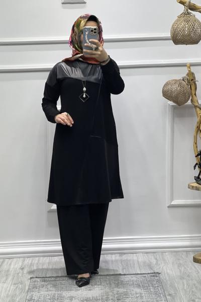 Deri Garni Takım Siyah