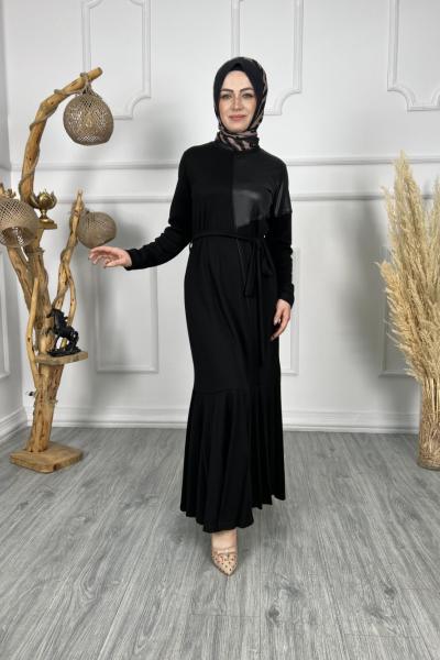 Deri Garni Elbise Siyah