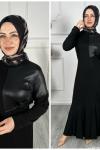 Deri Garni Elbise Siyah