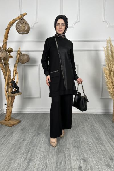 Deri Taşlı Takım Siyah