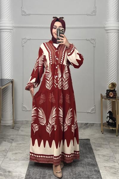 Düğmeli Palmiye Elbise  Kırmızı