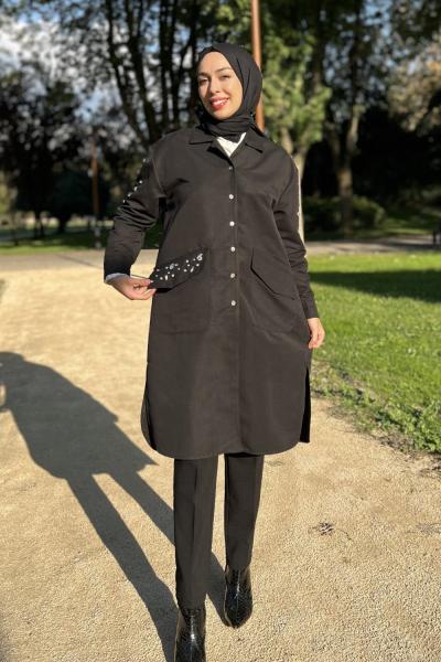 Esen Taşlı Trenç Kot Siyah