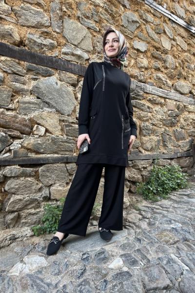 File Taşlı Takım Siyah