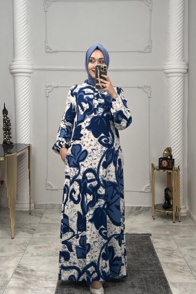 Gül Cepli Viskon Elbise  Mavi