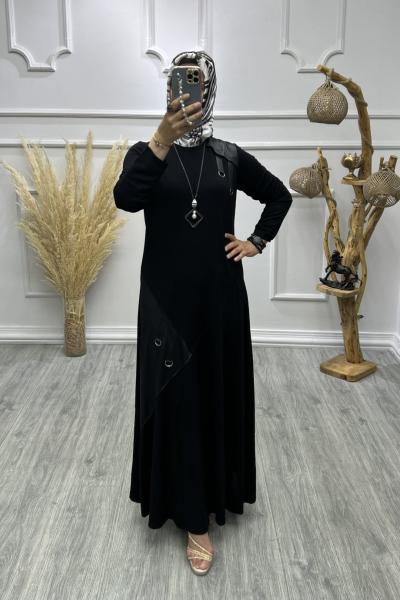 Halkalı Deri Garni Elbise Siyah