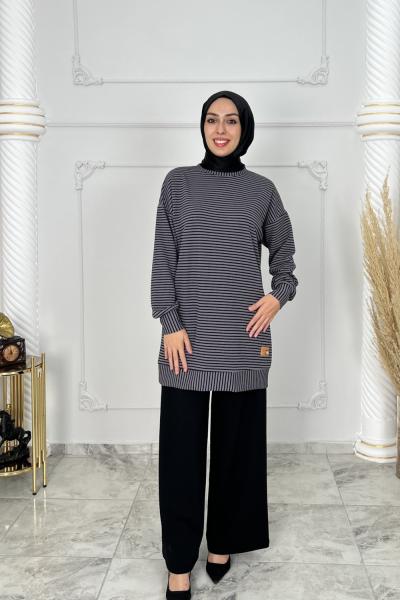 Hazan Çizgili Örme Tunik  Gri
