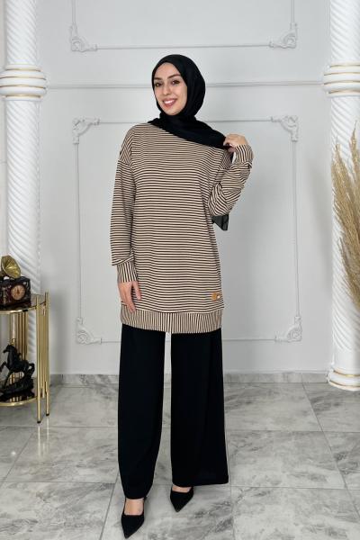 Hazan Çizgili Örme Tunik  Vizon