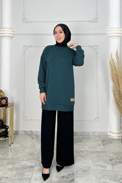 Hazan Çizgili Örme Tunik  Yeşil