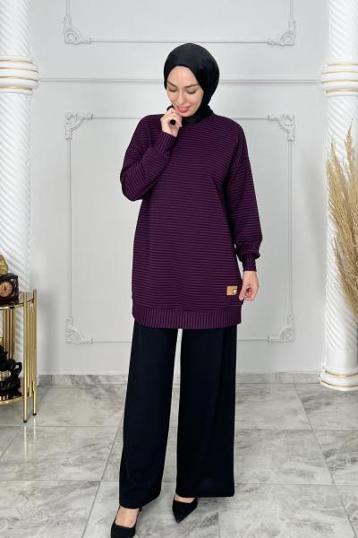 Hazan çizgili Örme Tunik  Mürdüm