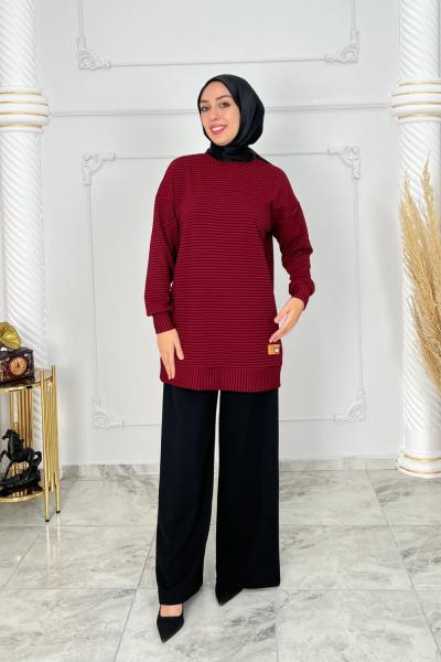 Hazan Çizgili Örme Tunik  Kırmızı