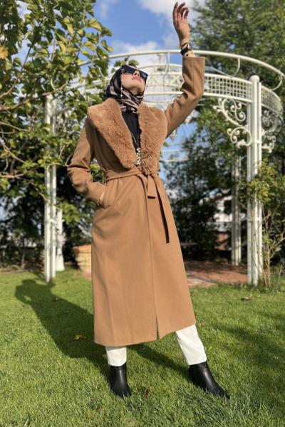 İnci Kürklü Kaban Kahverengi