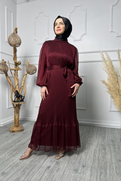 Jan Jan Şifon Pileli Elbise Bordo
