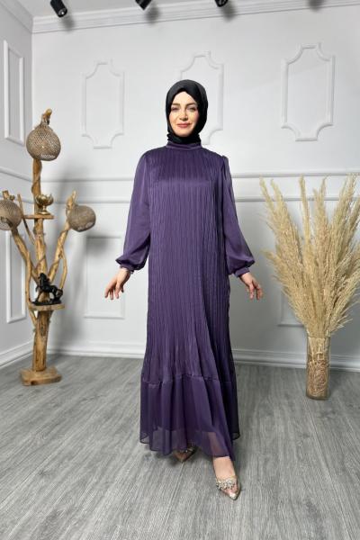 Jan Jan Şifon Pileli Elbise Lila