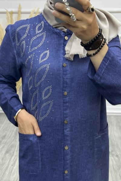 Keten Taşlı Pardesü Mavi