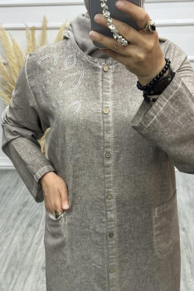 Keten Taşlı Pardesü Bej