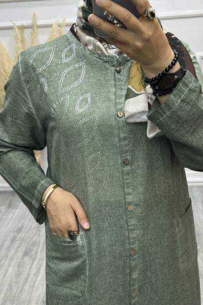Keten Taşlı Pardesü Yeşil
