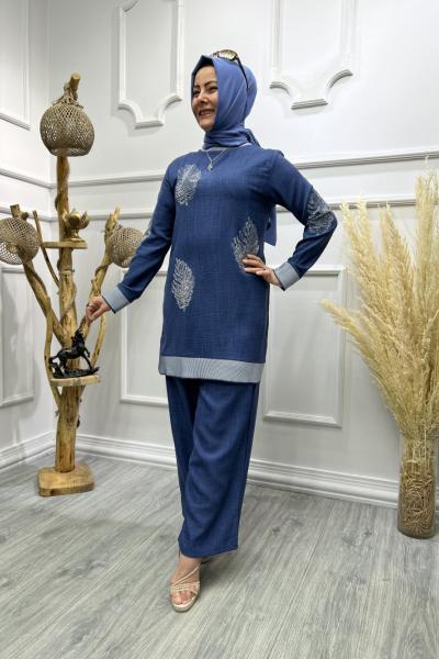 Keten Yapraklı Takım Mavi