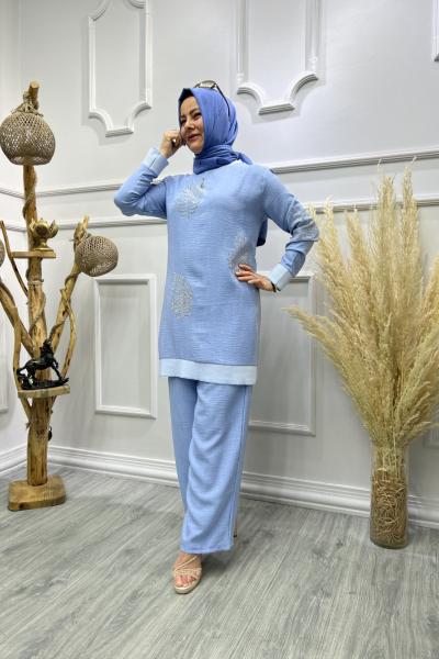 Keten Yapraklı Takım Bebe Mavisi