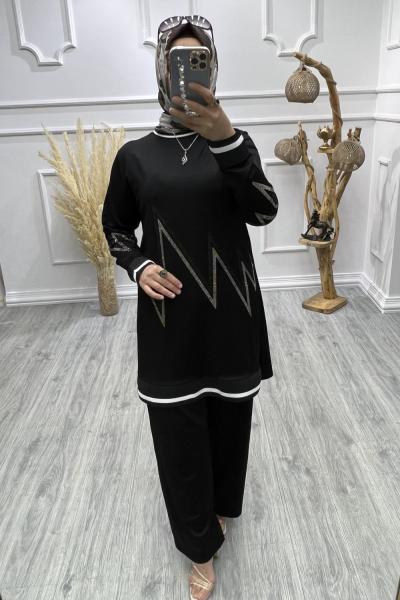 Kristal Zikzak Desen Takım Siyah
