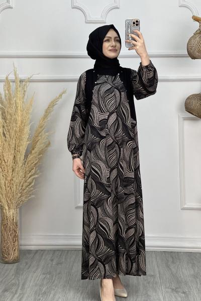 Leyla Elbise Siyah Kahverengi