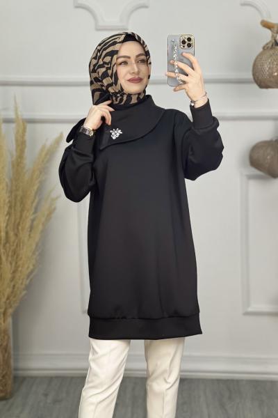 Minel Taş Broş Tunik Siyah