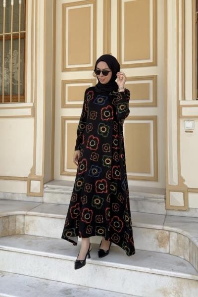 Örme Viskon Hale Elbise  Siyah Bordo