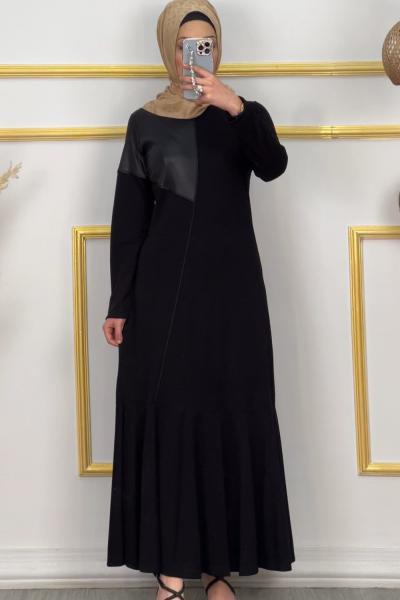 Oya Omzu Deri Garni Elbise Siyah