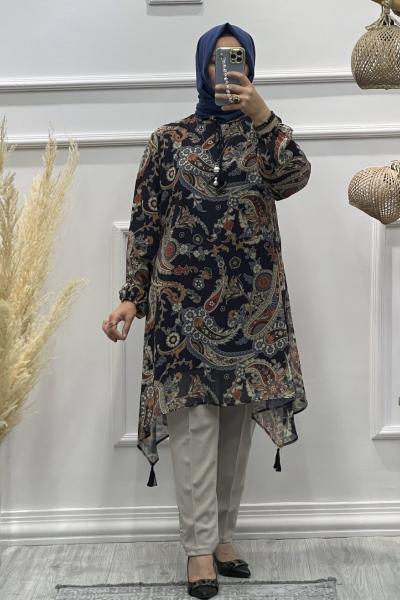 Püsküllü Şifon Tunik Lacivert