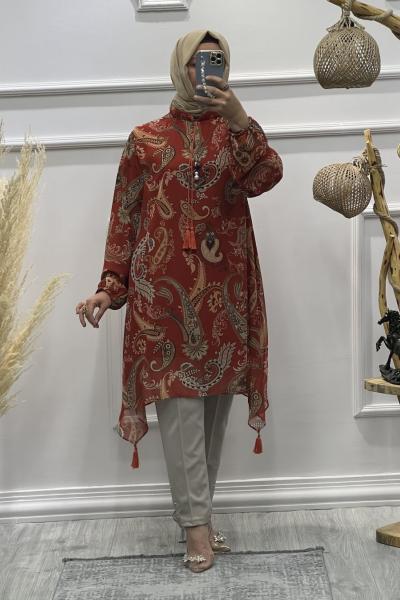 Püsküllü Şifon Tunik  Kırmızı