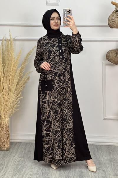 Sanem Kuş Gözü Cepli Elbise Siyah Kahverengi