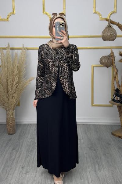 Semanur Çizgi Desen Abiye  Bakır