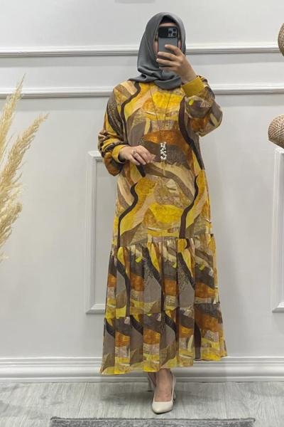 ŞİFON ELBİSE Ekru Turuncu