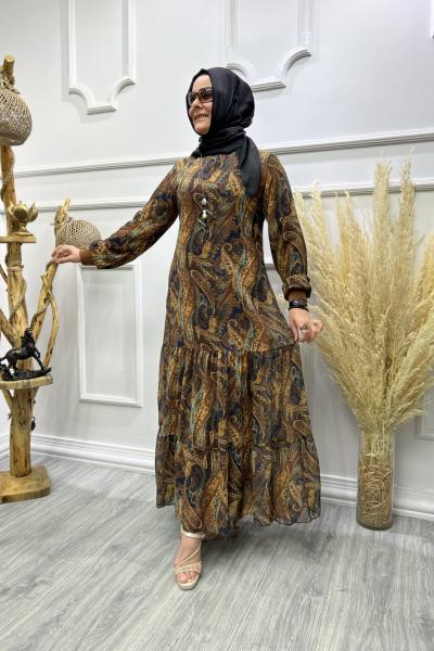 Şifon Elbise Kahverengi Bej