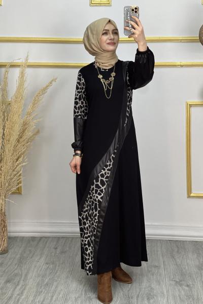 Sıla Kolları Deri Elbise Siyah Taş