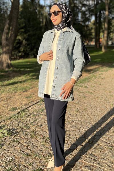 Taşlı Kot Ceket  Mavi